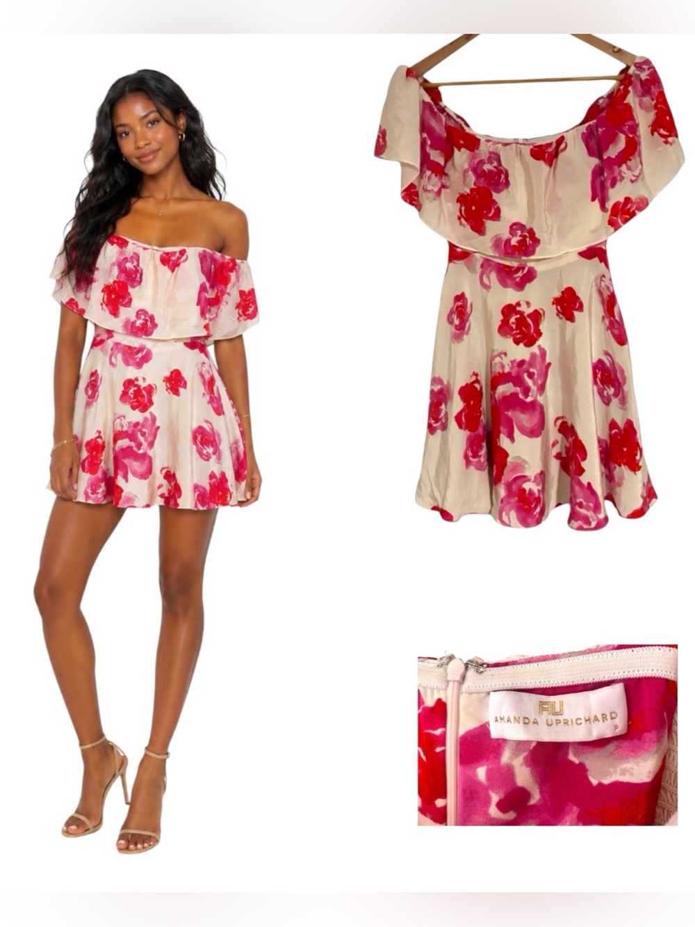 Amanda Uprichard Off the Shoulder Delilah Pink and Red Floral Silk Mini Dress